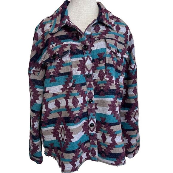 Aztec boho flannel schacket blue burgundy sweater jacket size med oversized - Picture 1 of 15